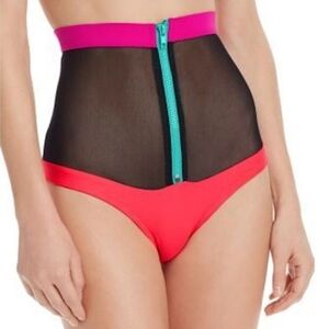 CHROMAT Women's Coral Color Block Zip Front Mesh High Waisted Bikini Bottom S